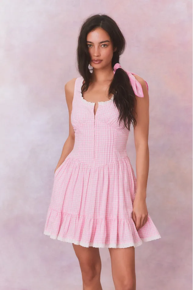 WomenKids LoveShackFancy Dresses Ceronne Gingham Cotton Mini Dress Sunkissed Rose