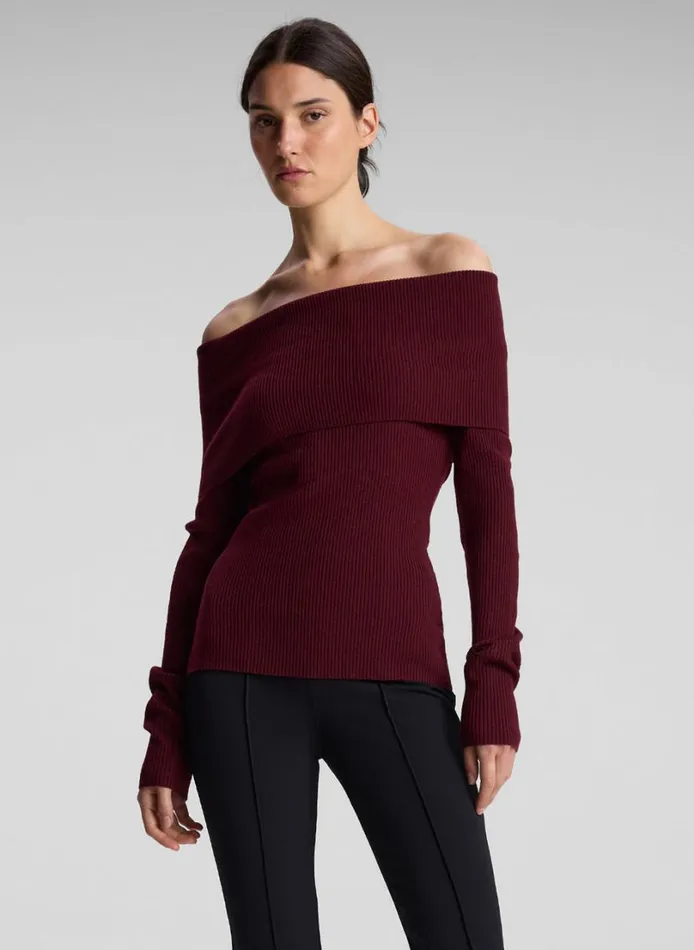 Women Knitwear ALC Evelyn Merino Off Shoulder Top Burgundy