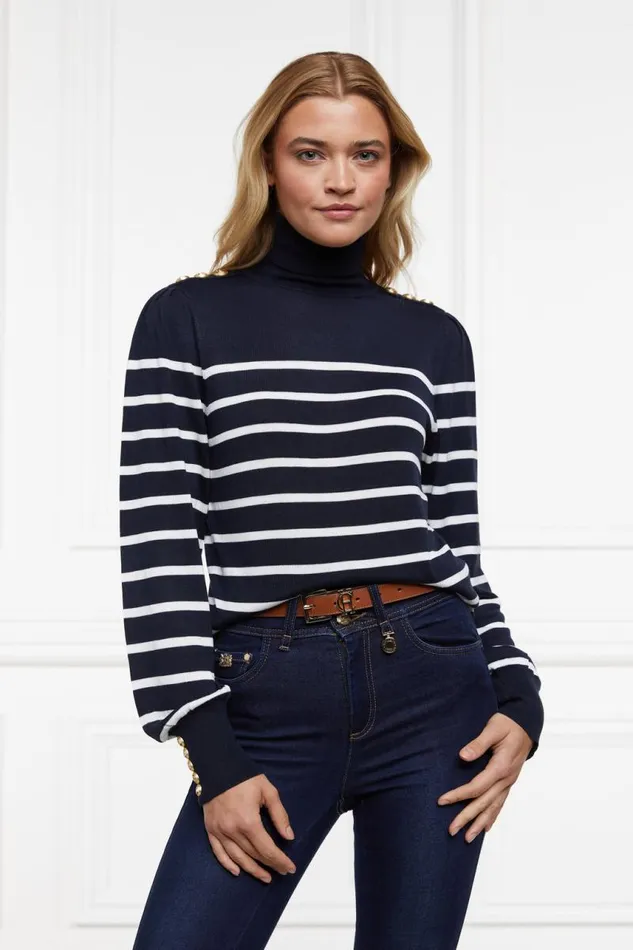 Women Knitwear Holland Cooper Kelsie Roll Neck Knit Ink Navy Natural Stripe