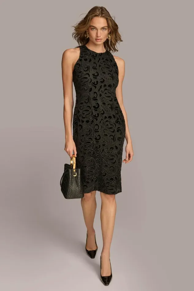 Women LACE VELVET BURNOUT SHEATH DRESS Black Donna Karan New York Dresses And Jumpsuits