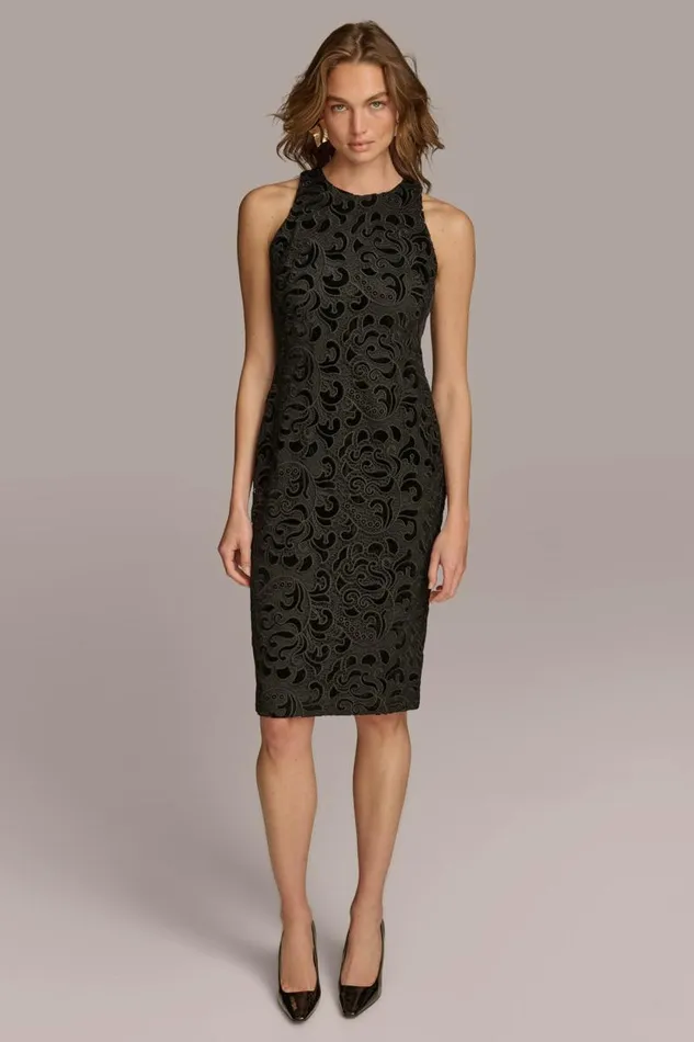 Women LACE VELVET BURNOUT SHEATH DRESS Black Donna Karan New York Dresses And Jumpsuits