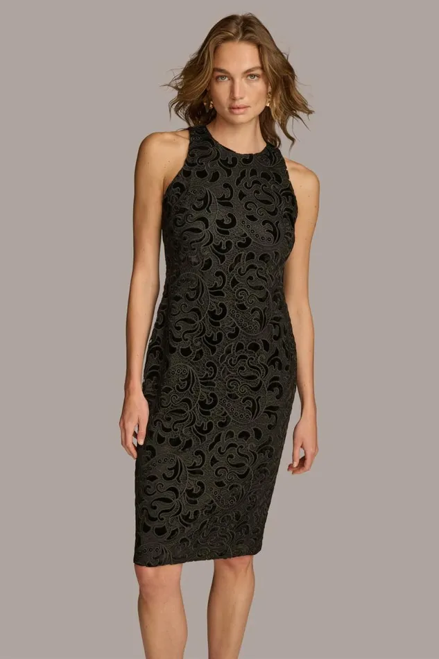 Women LACE VELVET BURNOUT SHEATH DRESS Black Donna Karan New York Dresses And Jumpsuits