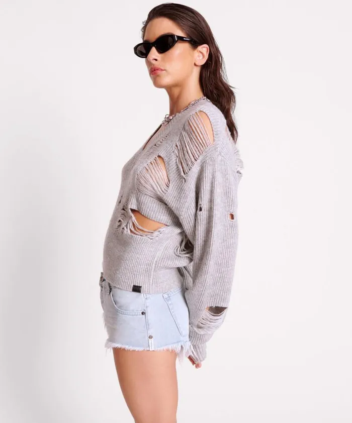 Women LADDERED VNECK DISTRESSED SWEATER One Teaspoon Knitwear