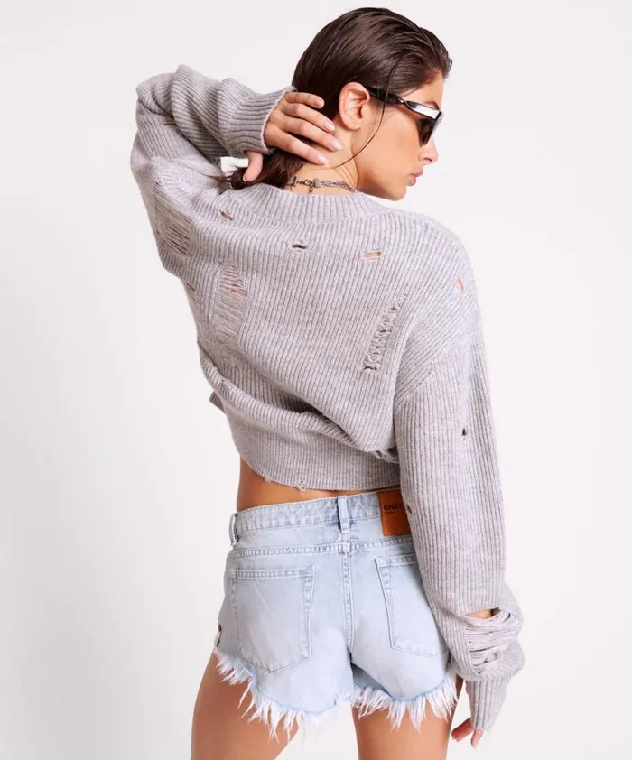 Women LADDERED VNECK DISTRESSED SWEATER One Teaspoon Knitwear