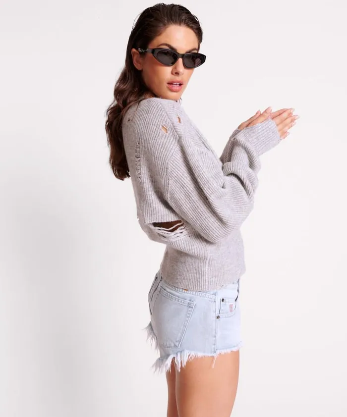 Women LADDERED VNECK DISTRESSED SWEATER One Teaspoon Knitwear