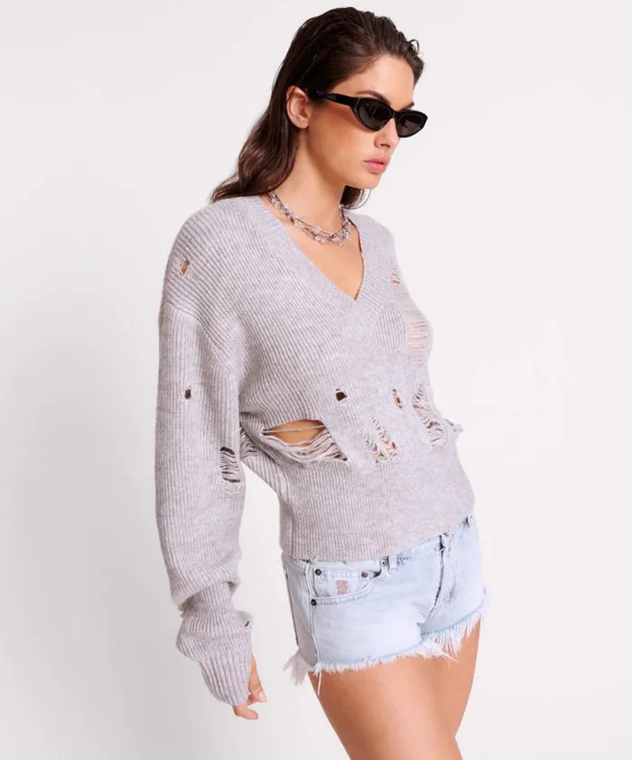 Women LADDERED VNECK DISTRESSED SWEATER One Teaspoon Knitwear