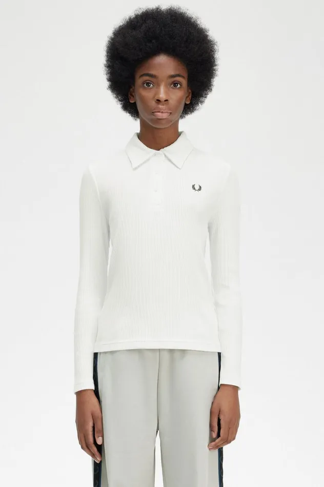 Women Long Sleeve Ribbed Polo Shirt Snow White Fred Perry Polo Shirts