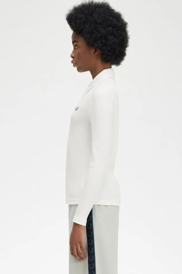 Women Long Sleeve Ribbed Polo Shirt Snow White Fred Perry Polo Shirts