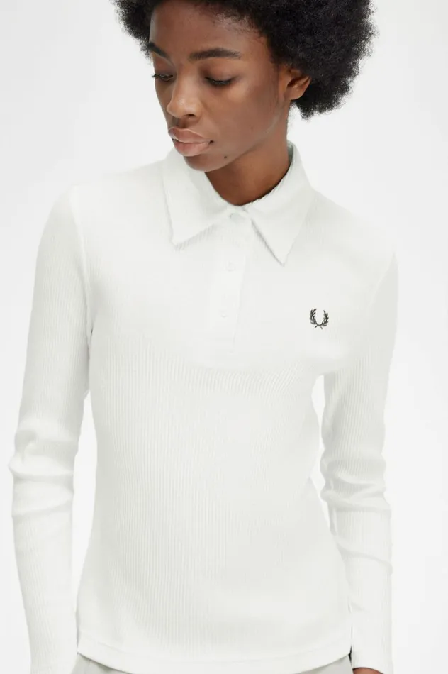 Women Long Sleeve Ribbed Polo Shirt Snow White Fred Perry Polo Shirts
