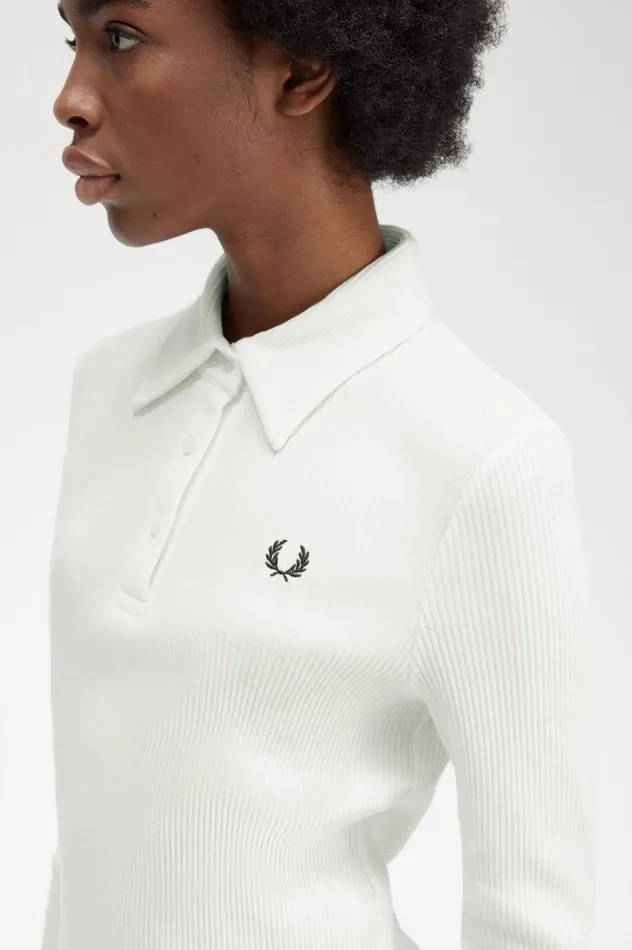 Women Long Sleeve Ribbed Polo Shirt Snow White Fred Perry Polo Shirts