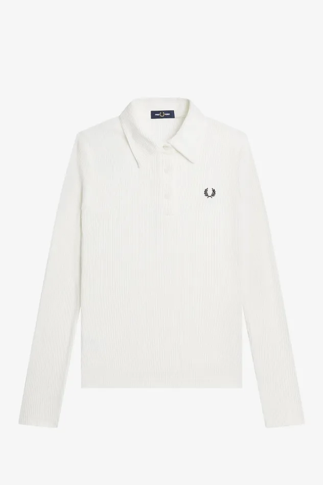 Women Long Sleeve Ribbed Polo Shirt Snow White Fred Perry Polo Shirts