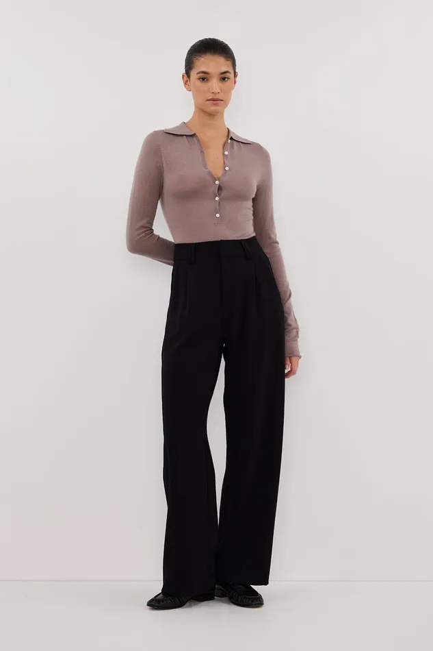 Women Long Sleeved DISSH JANE TAUPE MERINO POLO KNIT TOP