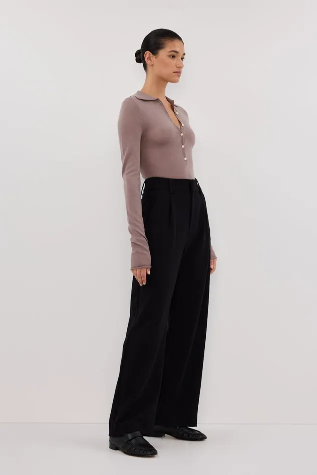 Women Long Sleeved DISSH JANE TAUPE MERINO POLO KNIT TOP