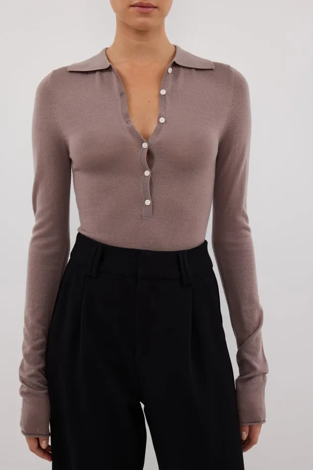 Women Long Sleeved DISSH JANE TAUPE MERINO POLO KNIT TOP
