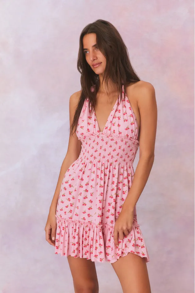 Women LoveShackFancy Dresses Aisling Halter Cotton Mini Dress Cherry Pink
