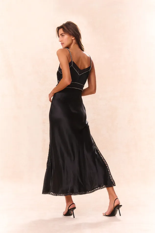 Women LoveShackFancy Dresses Valea Embellished Satin Maxi Dress Black