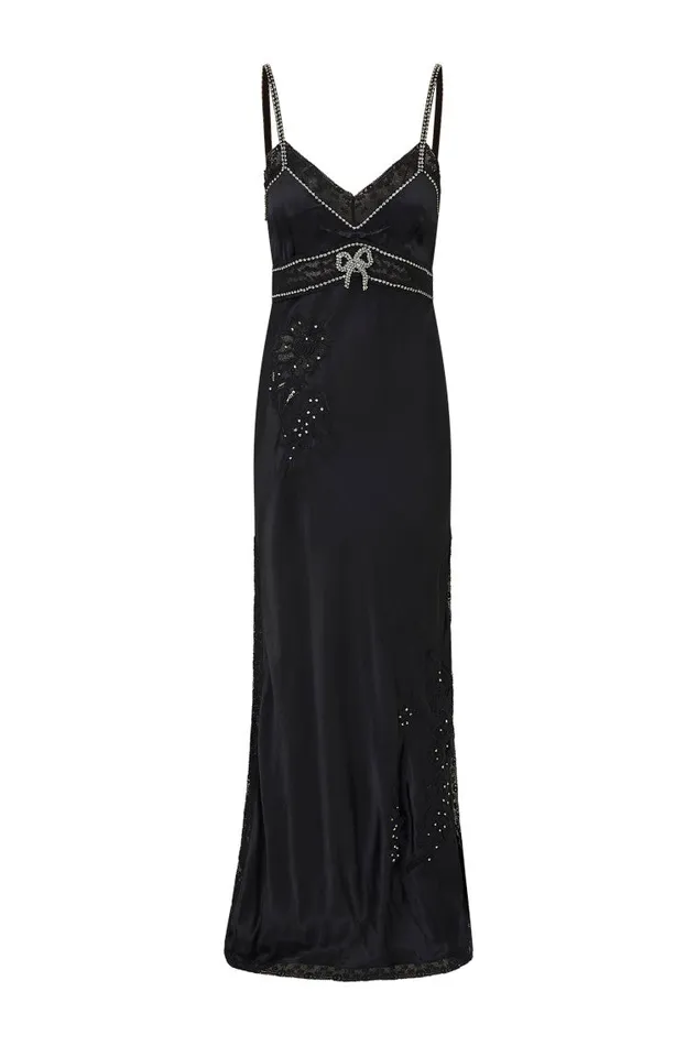 Women LoveShackFancy Dresses Valea Embellished Satin Maxi Dress Black