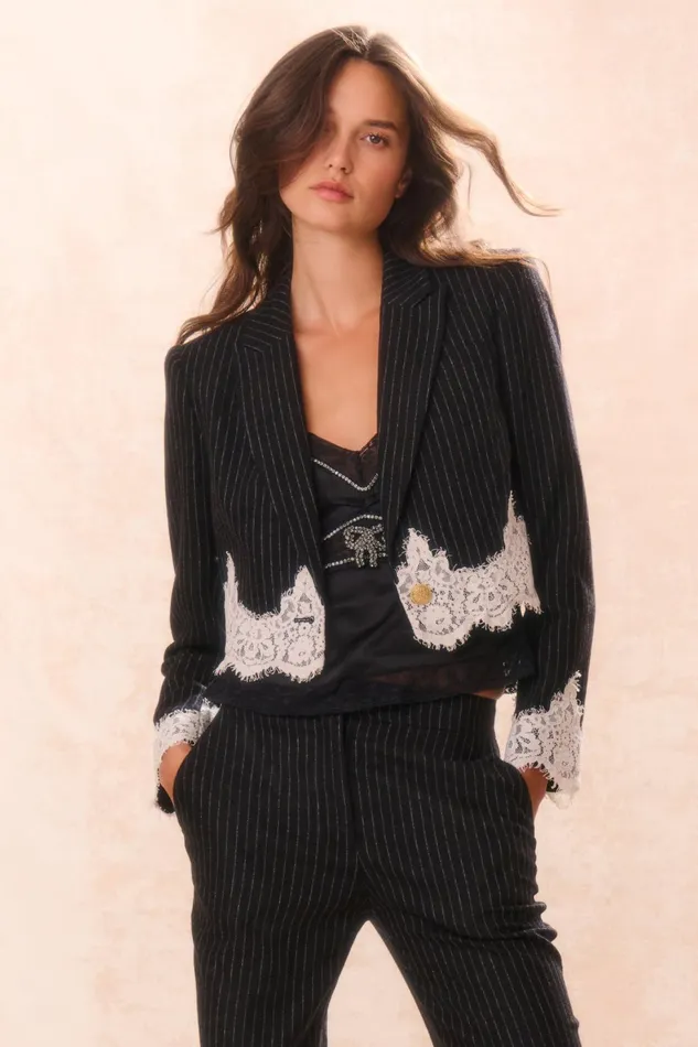 Women LoveShackFancy Jackets and Coats Icarus Pinstriped LaceDetailed Jacket Night Shadow