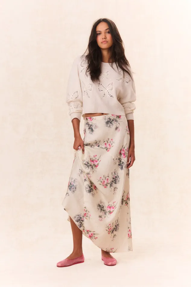 Women LoveShackFancy Skirts Bertha Silk Floral Maxi Skirt French Ivory