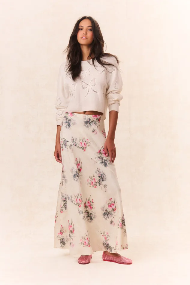 Women LoveShackFancy Skirts Bertha Silk Floral Maxi Skirt French Ivory