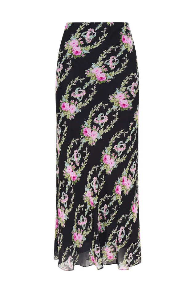 Women LoveShackFancy Skirts Castle Floral Maxi Skirt Black Coffee