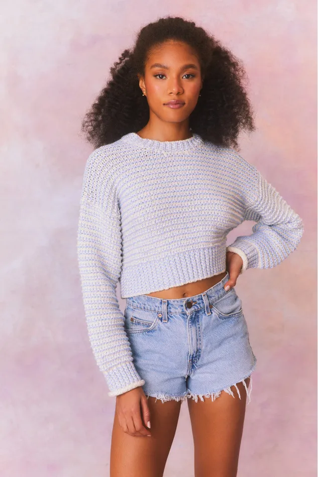 Women LoveShackFancy Sweaters Koa Cotton Stripe Pullover Sweater Ocean Pearl