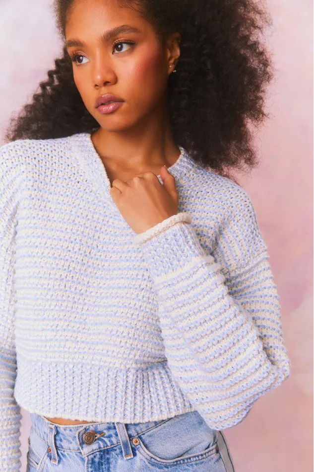 Women LoveShackFancy Sweaters Koa Cotton Stripe Pullover Sweater Ocean Pearl