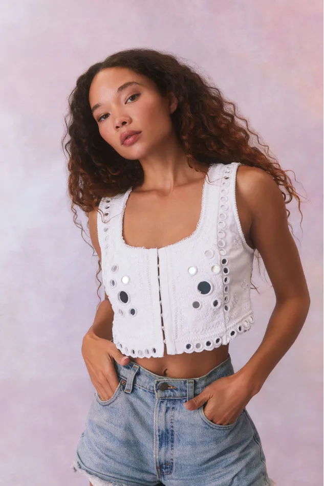 Women LoveShackFancy Tops Cayman Embellished Bustier Top True White