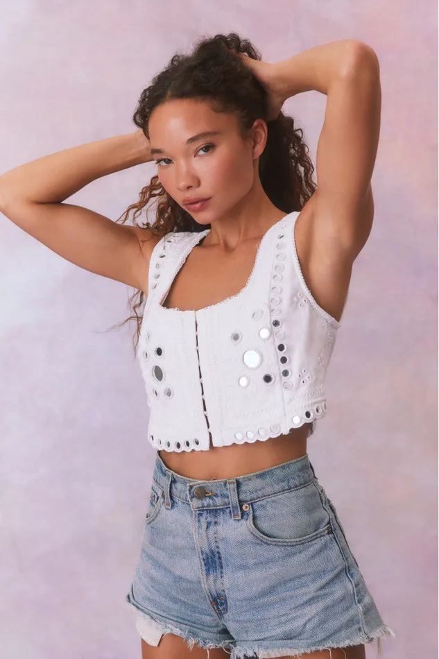 Women LoveShackFancy Tops Cayman Embellished Bustier Top True White