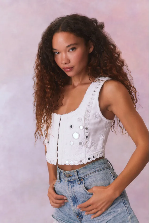Women LoveShackFancy Tops Cayman Embellished Bustier Top True White