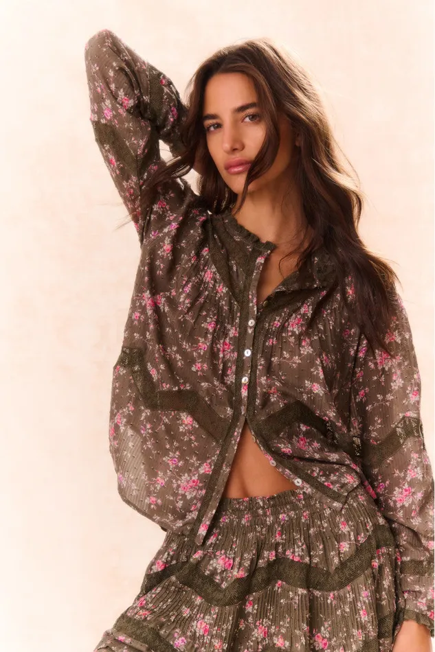Women LoveShackFancy Tops Ravelle Floral Button Down Top Bancha Green