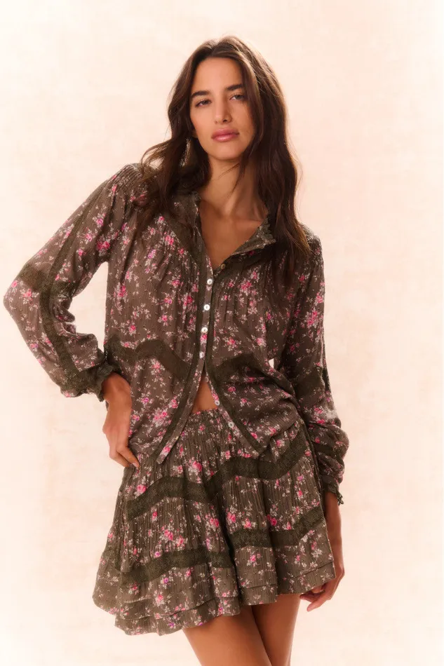 Women LoveShackFancy Tops Ravelle Floral Button Down Top Bancha Green