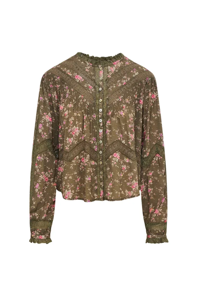 Women LoveShackFancy Tops Ravelle Floral Button Down Top Bancha Green