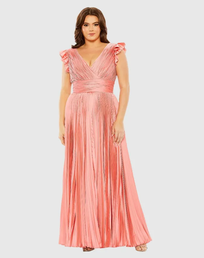 Women Mac Duggal Flutter Sleeve Pleated VNeck Dress Coral Plus Size Dresses