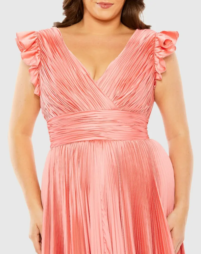 Women Mac Duggal Flutter Sleeve Pleated VNeck Dress Coral Plus Size Dresses