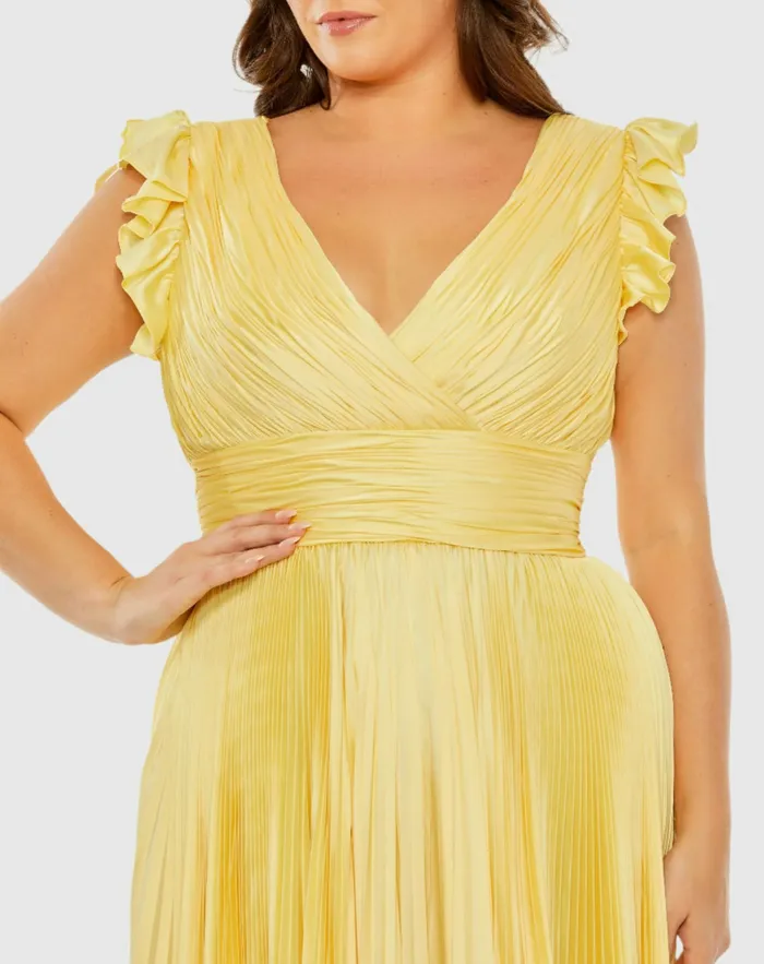 Women Mac Duggal Flutter Sleeve Pleated VNeck Dress Coral Plus Size Dresses