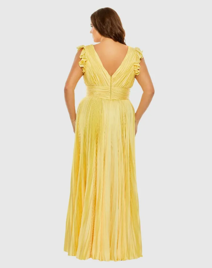 Women Mac Duggal Flutter Sleeve Pleated VNeck Dress Coral Plus Size Dresses