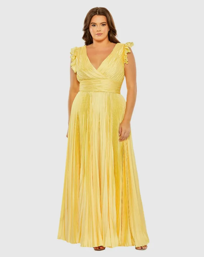 Women Mac Duggal Flutter Sleeve Pleated VNeck Dress Coral Plus Size Dresses