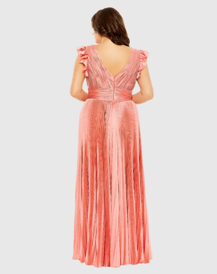 Women Mac Duggal Flutter Sleeve Pleated VNeck Dress Coral Plus Size Dresses