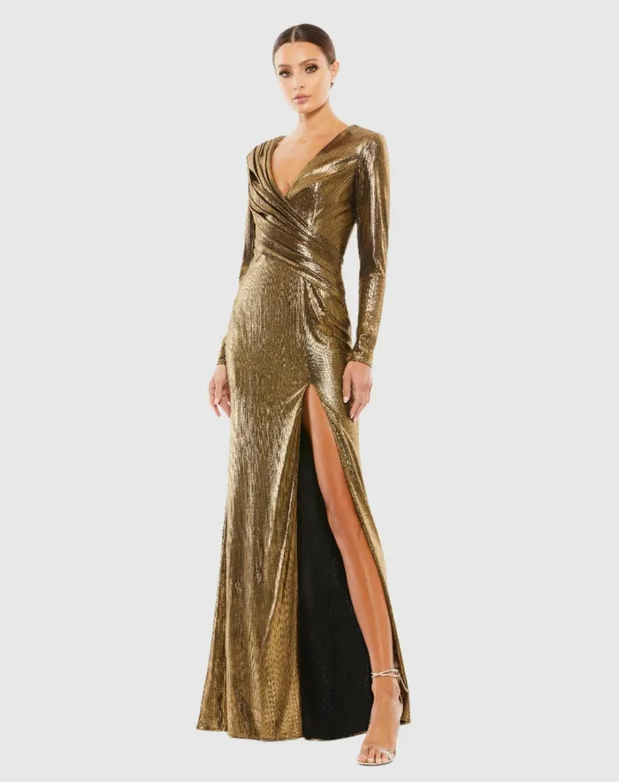 Women Mac Duggal Metallic Long Sleeve Asymmetrical Ruched Gown Gold Evening Gowns Women Mac Duggal Metallic Long Sleeve Asymmetrical Ruched Gown Gold Evening Gowns