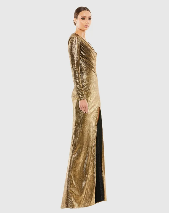 Women Mac Duggal Metallic Long Sleeve Asymmetrical Ruched Gown Gold Evening Gowns Women Mac Duggal Metallic Long Sleeve Asymmetrical Ruched Gown Gold Evening Gowns