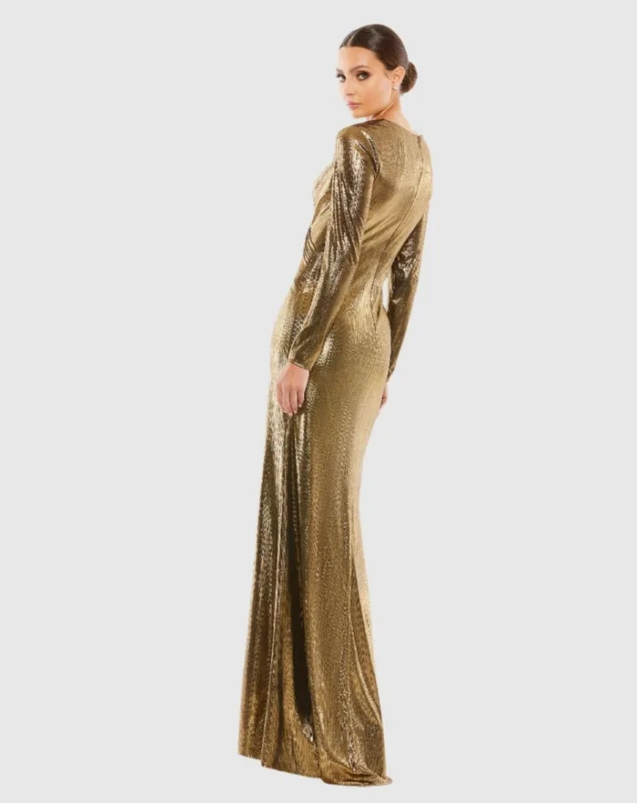 Women Mac Duggal Metallic Long Sleeve Asymmetrical Ruched Gown Gold Evening Gowns Women Mac Duggal Metallic Long Sleeve Asymmetrical Ruched Gown Gold Evening Gowns