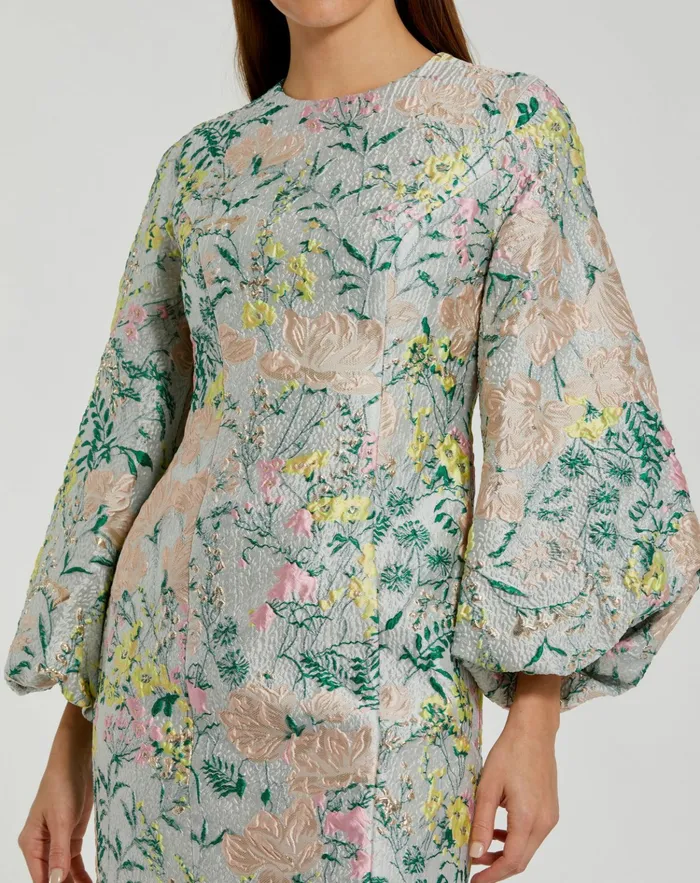 Women Mac Duggal Multicolor Floral Brocade Puff Sleeve Fitted Mini Dress Pastel Multi Daytime Dresses