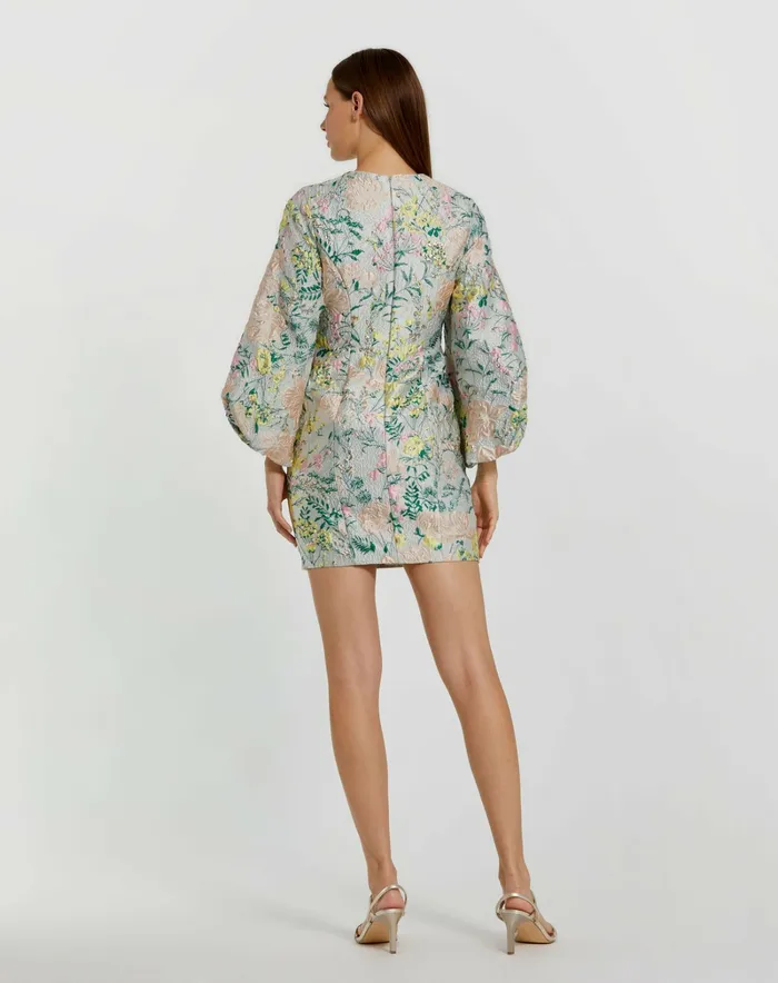 Women Mac Duggal Multicolor Floral Brocade Puff Sleeve Fitted Mini Dress Pastel Multi Daytime Dresses