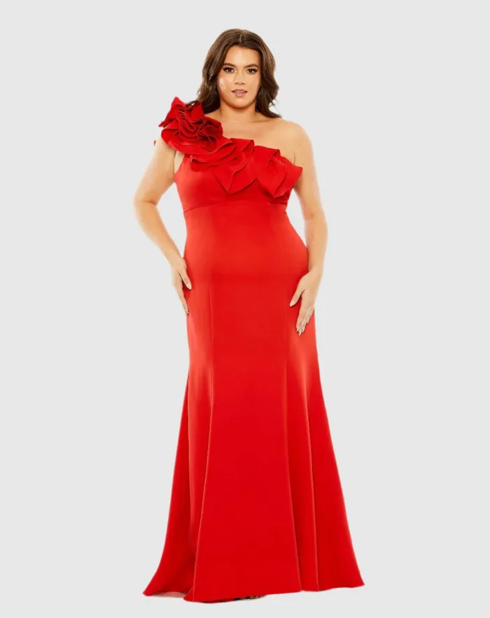 Women Mac Duggal One Shoulder Ruffle Detailed Gown Plus Red Plus Size Dresses