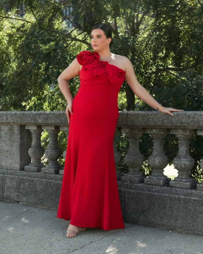 Women Mac Duggal One Shoulder Ruffle Detailed Gown Plus Red Plus Size Dresses