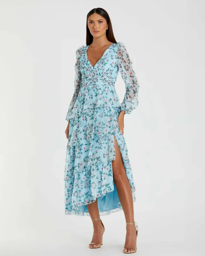Women Mac Duggal Puff Sleeve Floral Printed Dress Aqua Multi Daytime Dresses