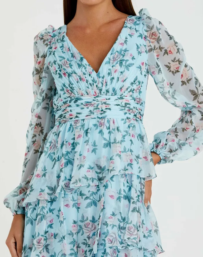 Women Mac Duggal Puff Sleeve Floral Printed Dress Aqua Multi Daytime Dresses
