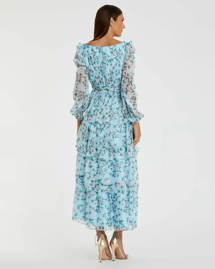 Women Mac Duggal Puff Sleeve Floral Printed Dress Aqua Multi Daytime Dresses