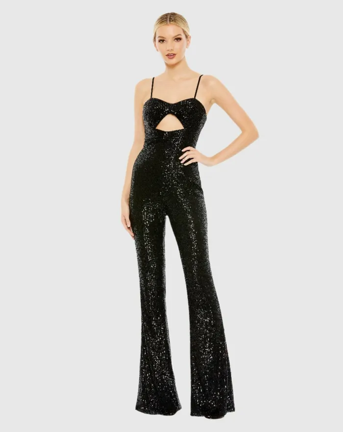 Women Mac Duggal Sequined Spaghetti Strap Cut Out Jumpsuit 8211 FINAL SALE Black Jumpsuits and Rompers Women Mac Duggal Sequined Spaghetti Strap Cut Out Jumpsuit 8211 FINAL SALE Black Jumpsuits and Rompers